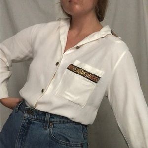 80s Silky White Button Up w/ Ribbon Detail